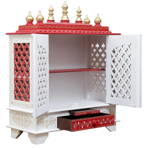 Handmade Hand Painted Large Home Temple with slab (white, red and golden)